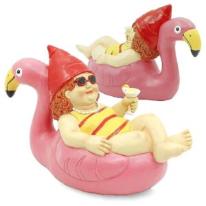 Brightly Colored Gnome on Flamingo Statue for Nature Lovers and Outdoor Enthusiasts