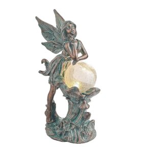 Bronze and Glass Fairy Sculpture Solar Powered Light for Garden Patio Decor