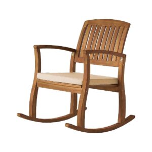 Brown Acacia Wood Slat Panel Rocking Chair with Water-Resistant Cushions