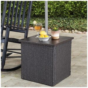 Brown All-Weather Wicker Umbrella Stand Side Table with Metal Frame