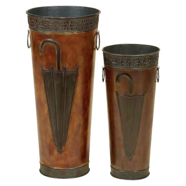 Brown Metal Umbrella Stand with Handles and Images, Rustic Decor, 21" High, Set of 2