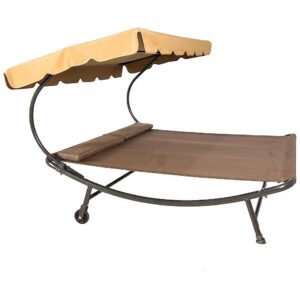 Brown Outdoor Double Chaise Lounge Bed with Canopy and Wheels for Backyard or Garden