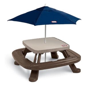 Brown Outdoor Picnic Table with Market Umbrella, Hole for Storage