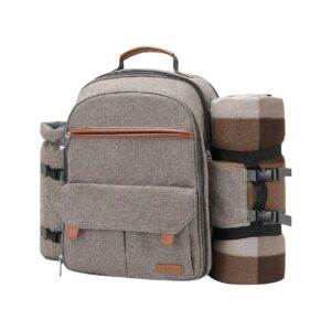 Brush Beige Picnic Backpack for 4 Person with Blanket Picnic Basket Set for 2