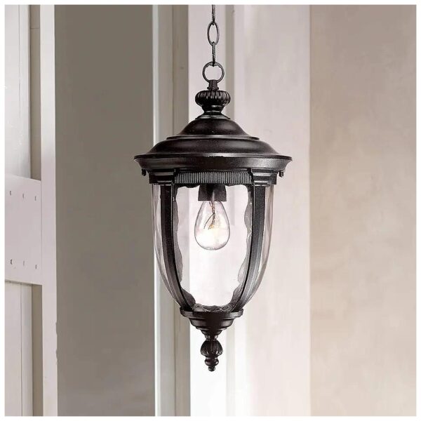 Ceiling Hung Damp Rated Outdoor Light Fixture with Clear Hammered Glass and Metal Frame