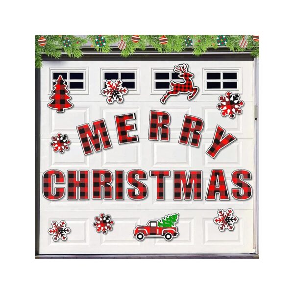 Christmas Garage Door Decorations with Buffalo Plaid Pattern and Removable Design