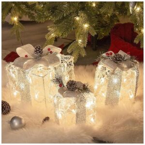 Christmas Gift Box Decorations with LED Lighting and Pine Needle Accents