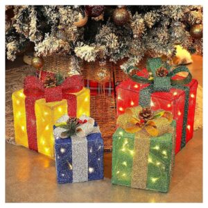 Christmas Present Box Set with LED Lights and Tinsel for Home Holiday Party Decor