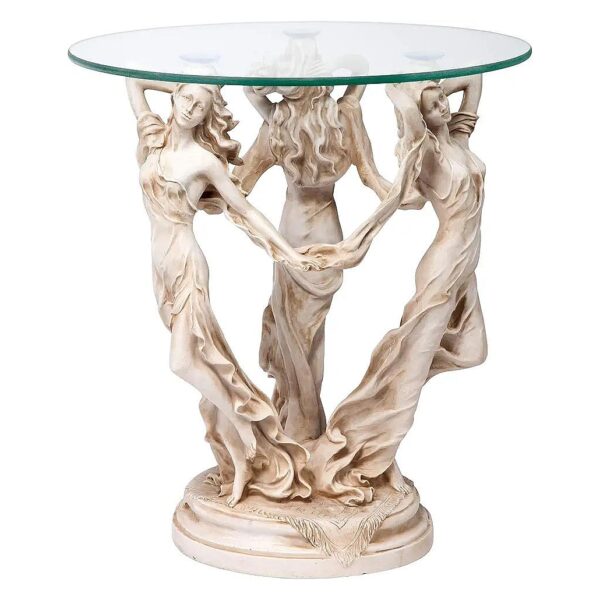 Classic Design Table with Handcrafted Polyresin Base and Antique Stone Finish Glass Top