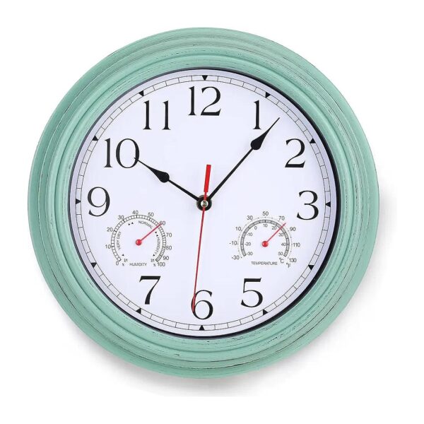 Classic Sage Green Analog Wall Clock with Temperature Display for Home Living Room Decor