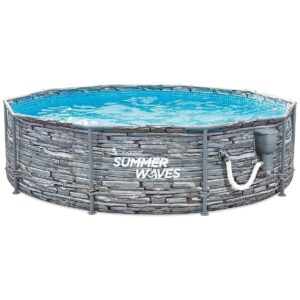 Classic Stone Slate Print 14 Foot Round Metal Frame Pool with Filter Pump and Easy Setup