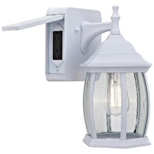 Classic White Outdoor Lighting with Two Ground Fault Circuit Interrupter Outlets