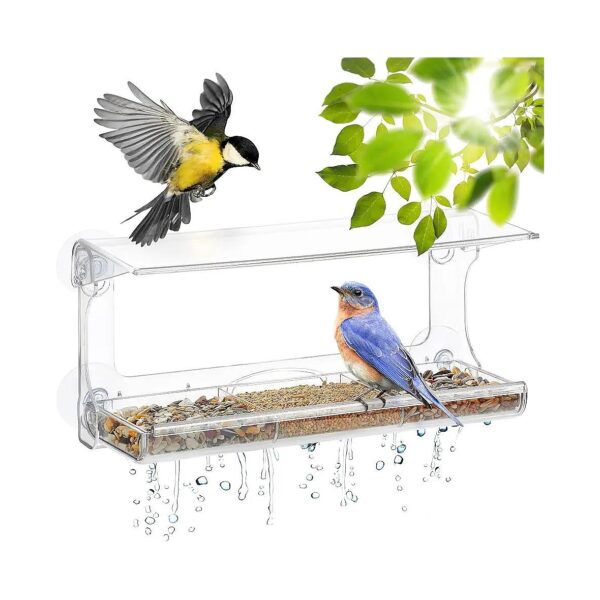 Clear Window Bird Feeder with 3 Seeding Stations and Roof Cover