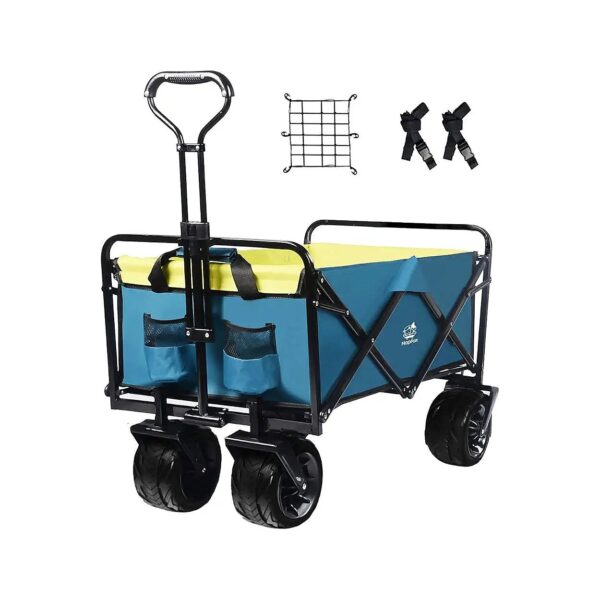 Collapsible Heavy Duty Folding Wagon with All Terrain Beach Wheels and Adjustable Handle