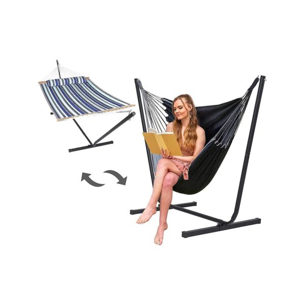 Comfortable Outdoor Hammock Chair with Stand in Blue Stripe