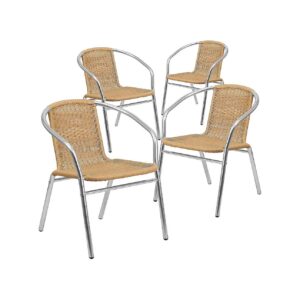 Commercial Aluminum and Beige Rattan Stack Chair Set for Indoor Outdoor Dining