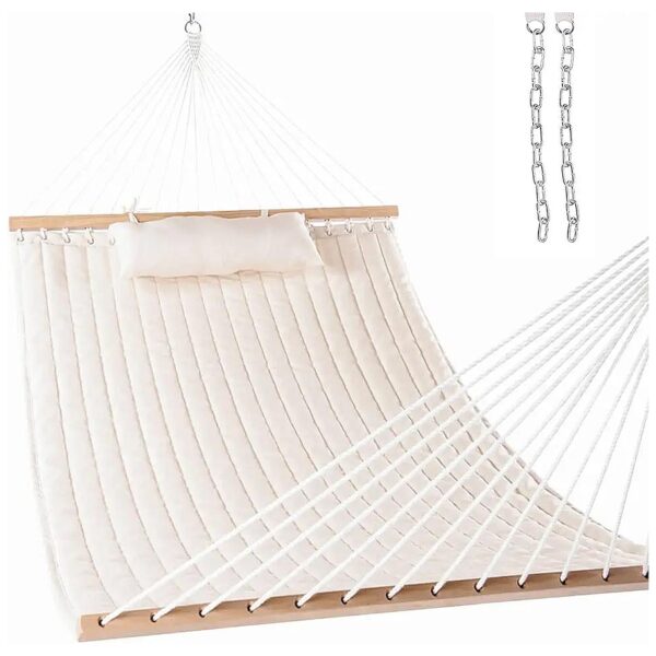 Compact 12 FT Long 2 Person Dark Cream Quilted Fabric Hammock for Backyard Poolside