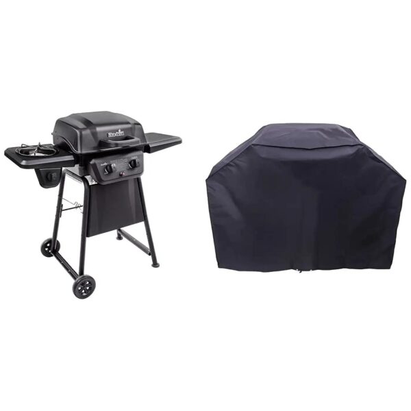 Compact Gas Grill with Side Burner and Large Basic Grill Cover for Small Spaces