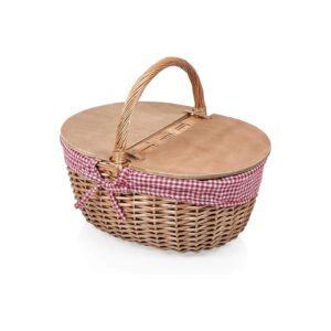 Compact Red and White Gingham Wicker Picnic Basket with Split Lid for Two People