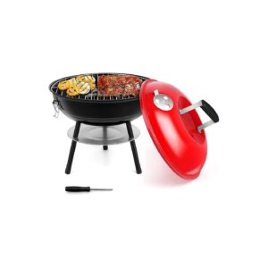 Compact and Portable Mini Charcoal Grill with Red Lid for Outdoor Cooking