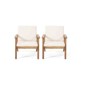 Contemporary Outdoor Club Chairs with Acacia Wood Frame and Cream Cushions