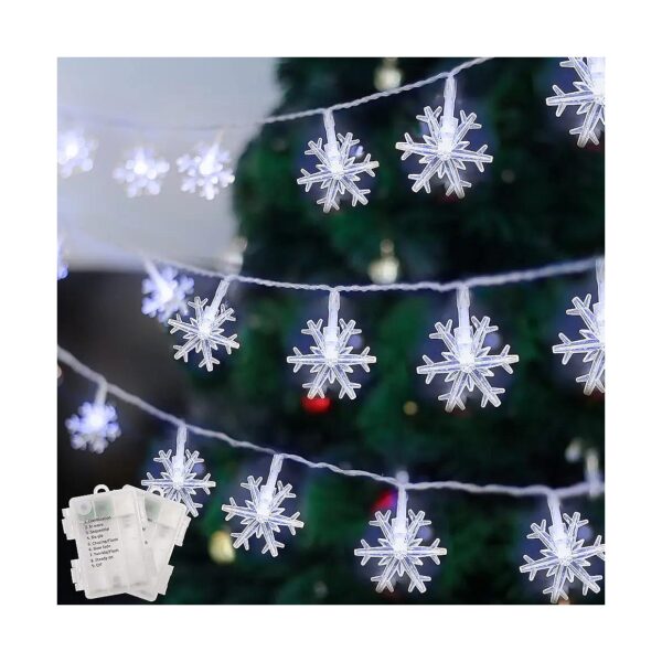 Cool White LED Christmas Lights 50LED 24FT Snowflakes 8 Modes 3AA Batteries