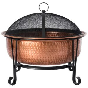 Copper Fire Pit Palermo with Steel Stand, Mesh Screen, and Fire Tool for Wood Burning