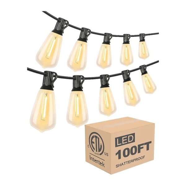 Cozy 100FT Outdoor String Lights with Gold Lamp Shade and Dimmable LED Bulbs