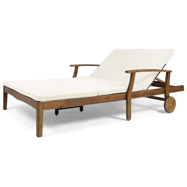 Cream Cushioned Double Chaise Lounge with Adjustable Back and Frame for Poolside Comfort