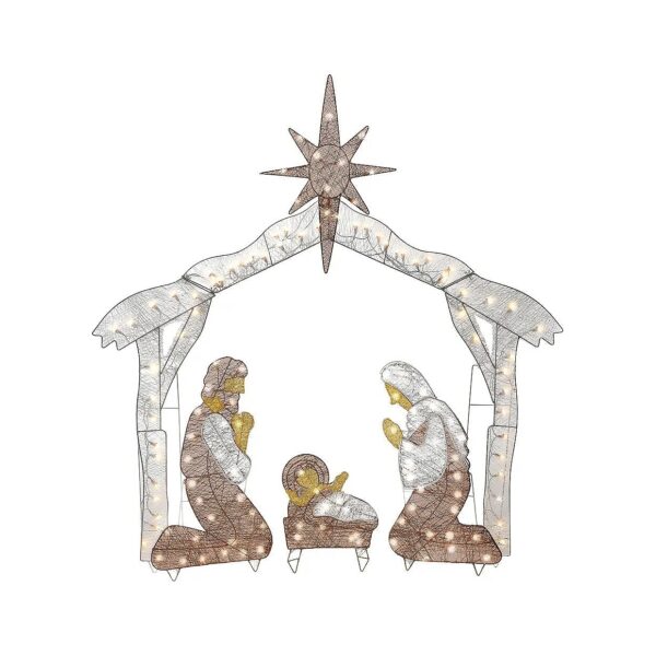 Crystal Holy Family Nativity Scene with 150 UL Listed White LED Lights and Ground Stakes