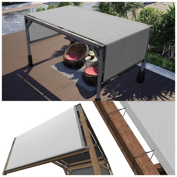 Custom-Fit Pergola Shade Cover, 10' W x 20' L, UPF50, Grey, Stainless Steel Rods