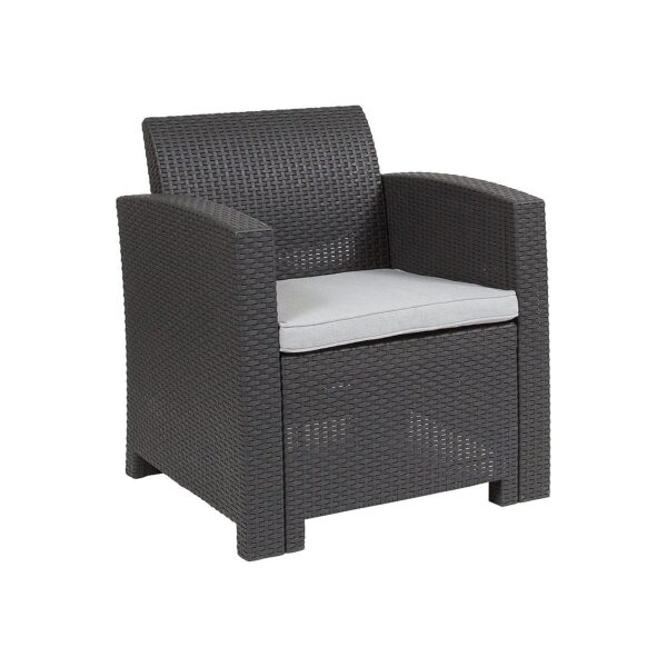 Dark Gray Faux Rattan Chair with All-Weather Seneca Light Gray Cushion