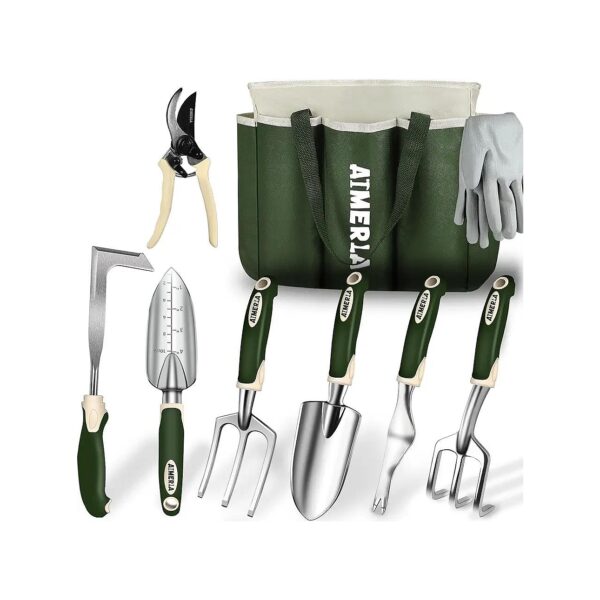 Dark Green Garden Tool Set with 9 Heavy Duty Tools and Bag