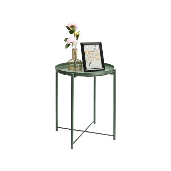 Dark Green Metal End Table for Small Spaces with Removable Tray Design