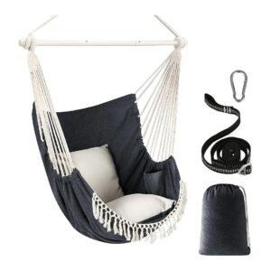 Dark Grey Bohemian Hammock Chair with Steel Spreader Bar and Anti-Slip Base