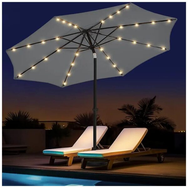 Dark Grey Outdoor Solar Umbrella with Crank Tilt and 32 LED Lights for Patio