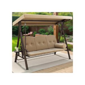 Deluxe Brown 3-Seat Outdoor Swing Chair with Adjustable Canopy and Steel Frame