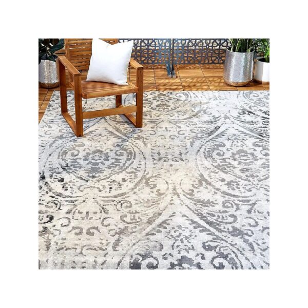 Distressed Damask Ivory Gray Juniper Area Rug for Indoor Outdoor Spaces