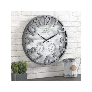 Distressed Gray Farmhouse Wall Clock with Temperature and Humidity Display, 18" x 5" x 18