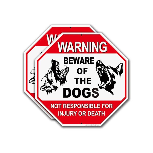 Drilled Aluminum Dog Warning Signs, 2 Pack, 10x10 Inches, Red, White, Black Colors