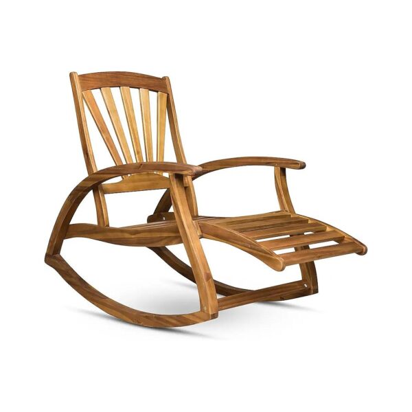 Durable Acacia Wood Outdoor Rocking Chair with Footrest and Teak Finish