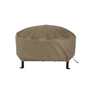 Durable Khaki 60 Inch Round Fire Pit Cover with PVC Backing and Drawstring Closure