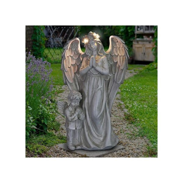 Durable Resin Angel Garden Statue with Little Boy LED Light