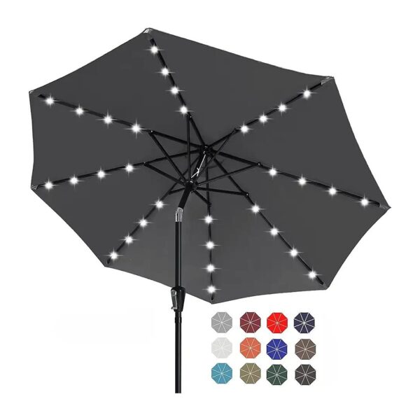 Durable Solar Led Patio Umbrellas with 32LED Lights 9FT Dark Gray Shade