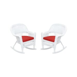 Durable White Wicker Rocker Chair Set with Red Cushions Pair of 2 Chairs