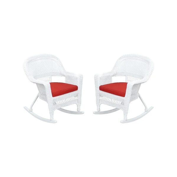 Durable White Wicker Rocker Chair Set with Red Cushions Pair of 2 Chairs