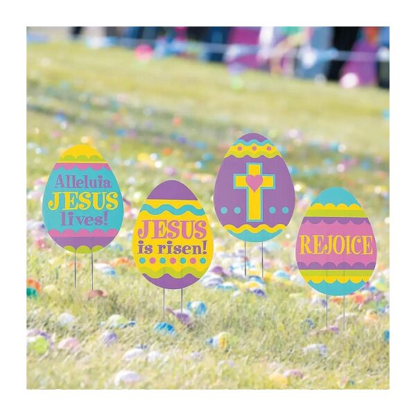 Easter Home Decor Set of 4 Yard Signs with Christian Easter Egg Symbols and Messages