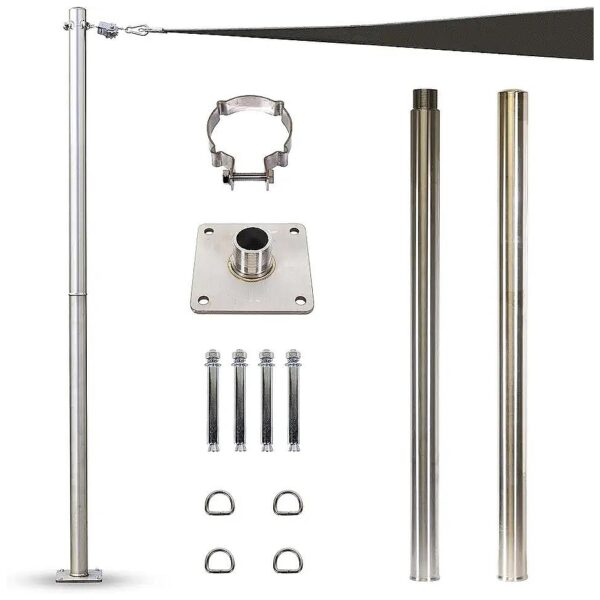 Easy Installation 8ft Stainless Steel Sun Shade Pole with Base Plate and D-Ring Design