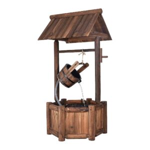 Electric Powered Wishing Well Water Feature with Wooden Frame and Water Bucket for Patio