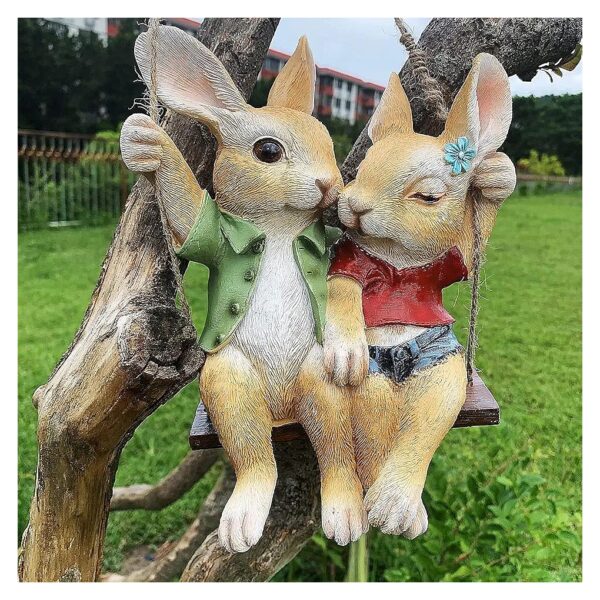 Elegant Resin Hanging Swing Bunny Couple Sculpture for Pathway, Fence, or Tree Decoration